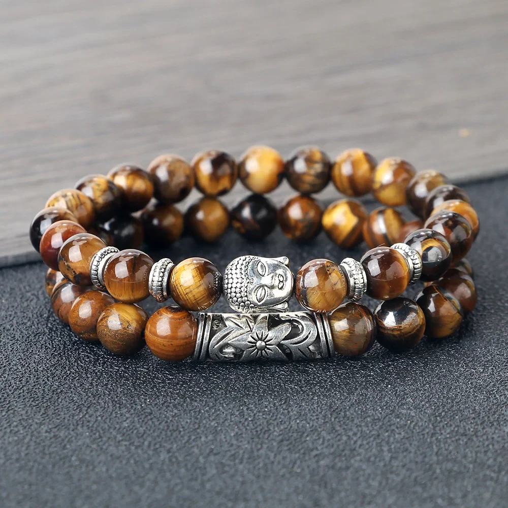 Bracelet with Tiger Eye stone beads and lava stone accents for men.