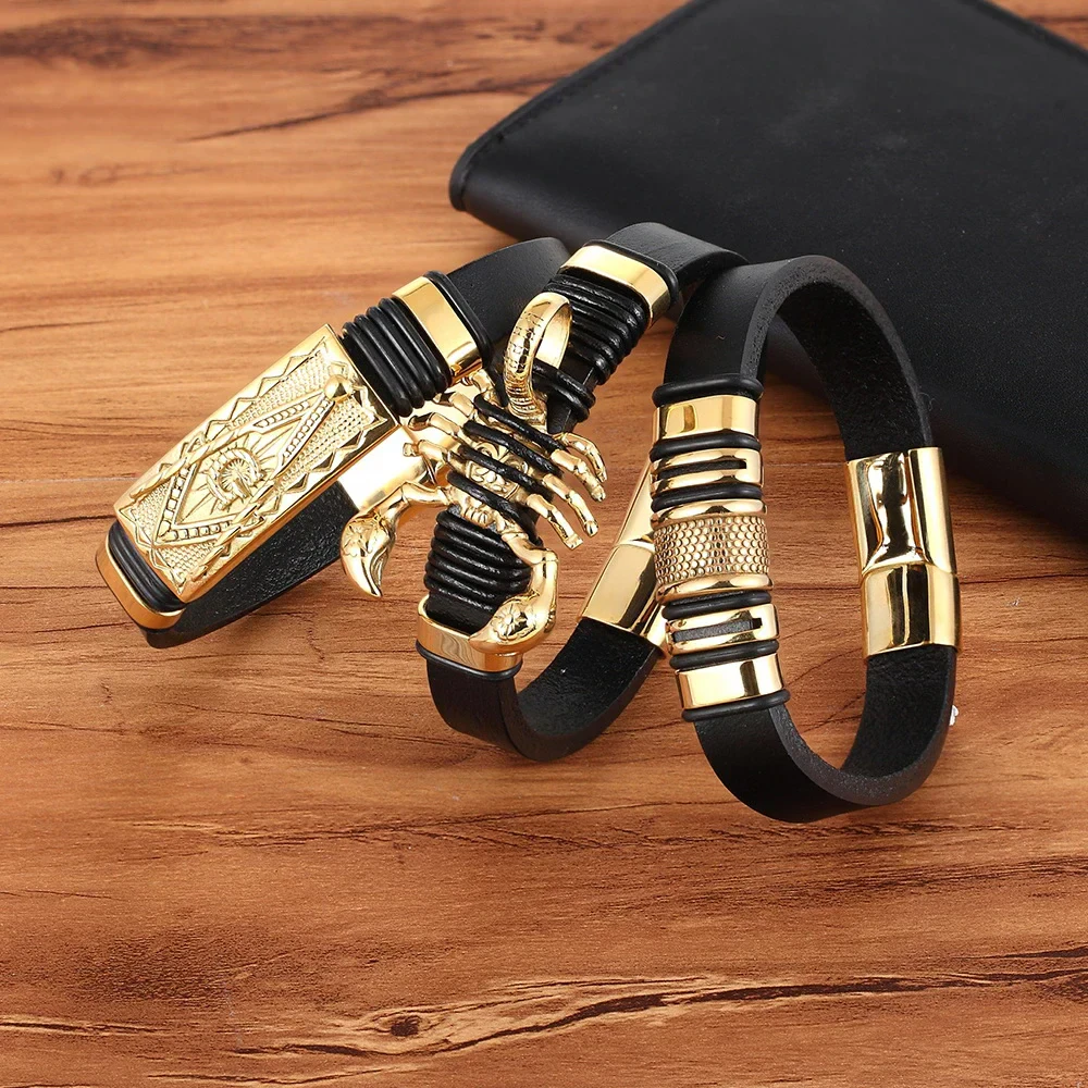 Stylish men's leather bracelets featuring gold-tone hardware and intricate designs, perfect for modern jewelry fashion.