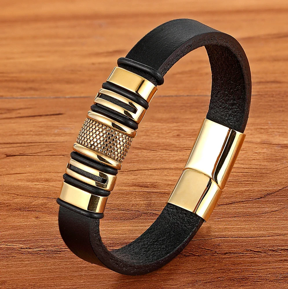 Stylish men's bracelet with sleek gold accents and black leather strap, perfect for everyday wear.