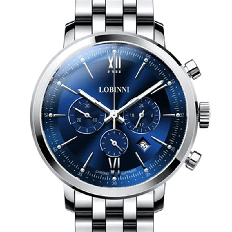 Men's luxury blue dial chronograph watch with stainless steel silver band, date display, and multiple sub-dials.