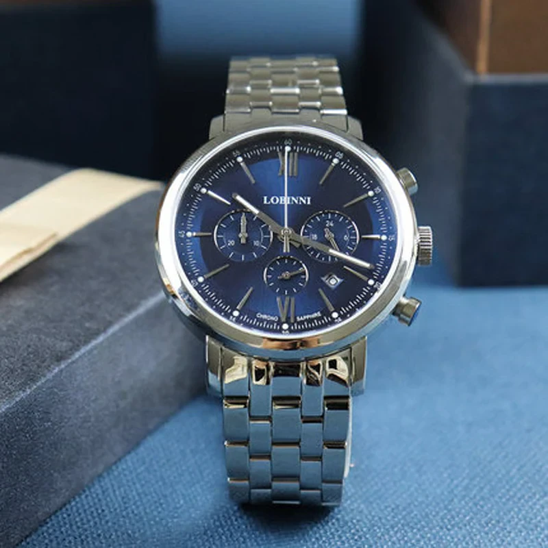 Luxury men's quartz watch with Swiss movement and stainless steel band.