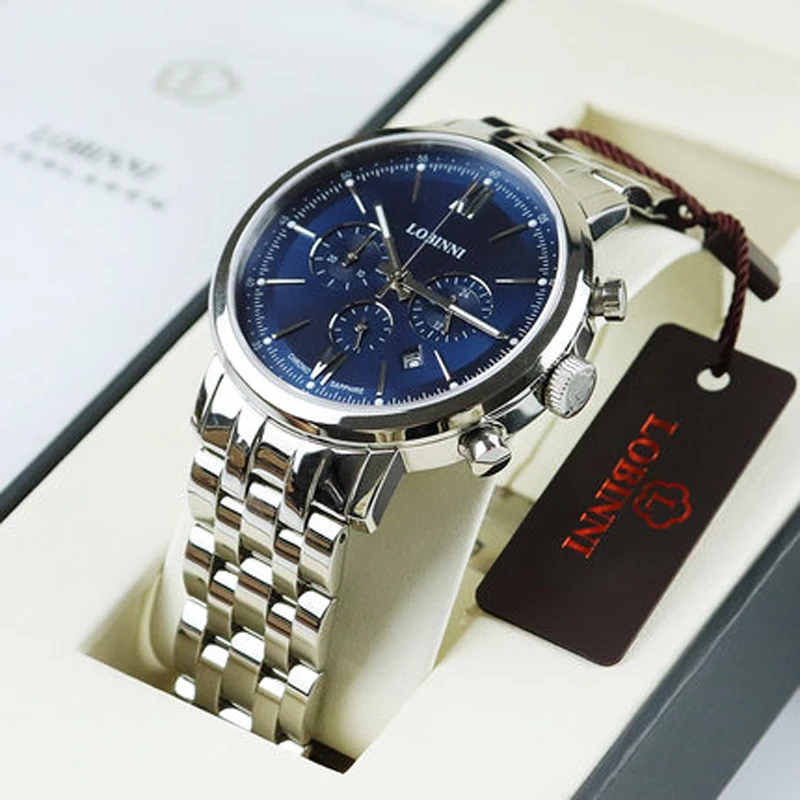 Men's luxury quartz watch with blue dial and stainless steel band.