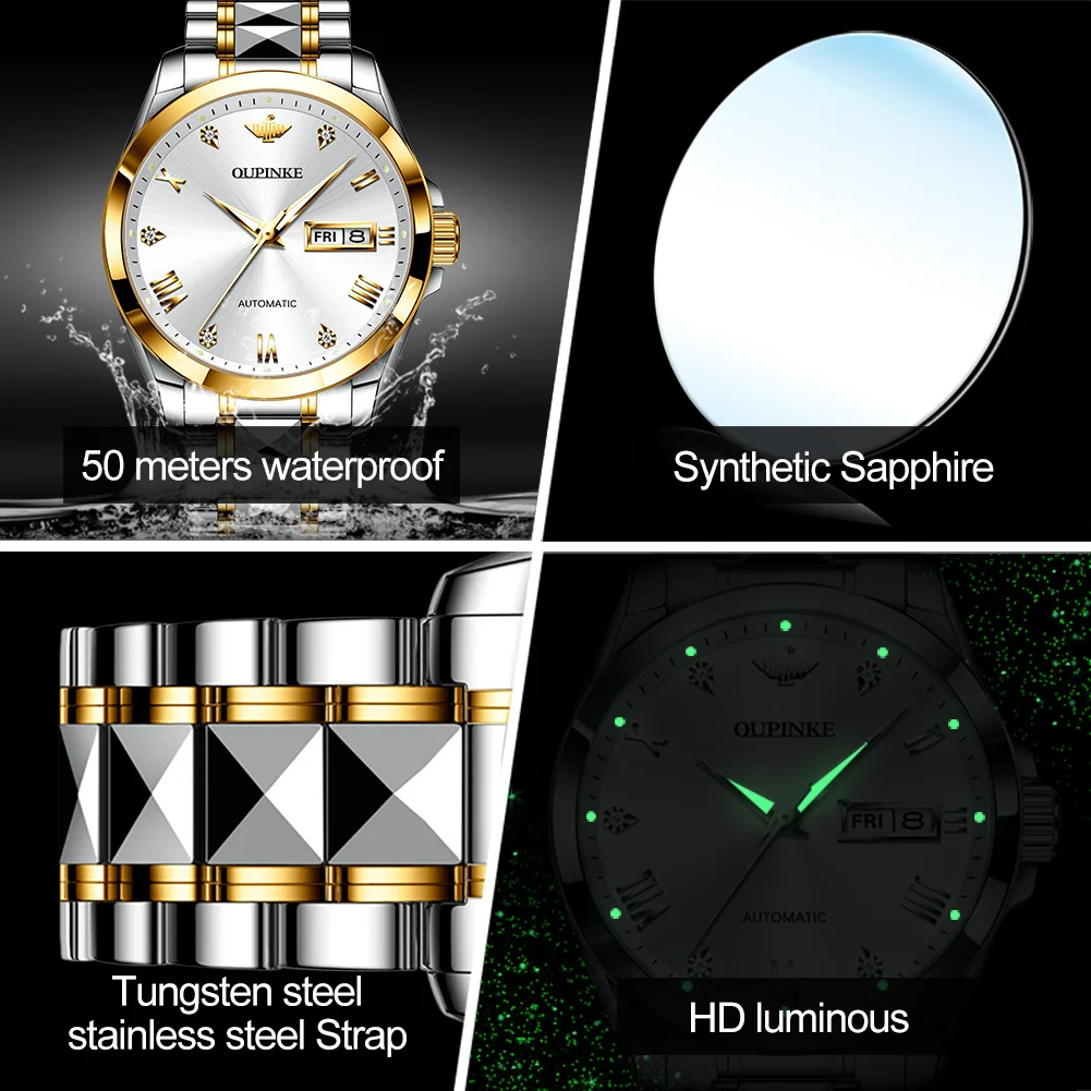 Luxury men's wristwatch with stainless steel strap, waterproof up to 50 meters, automatic movement, and date display.