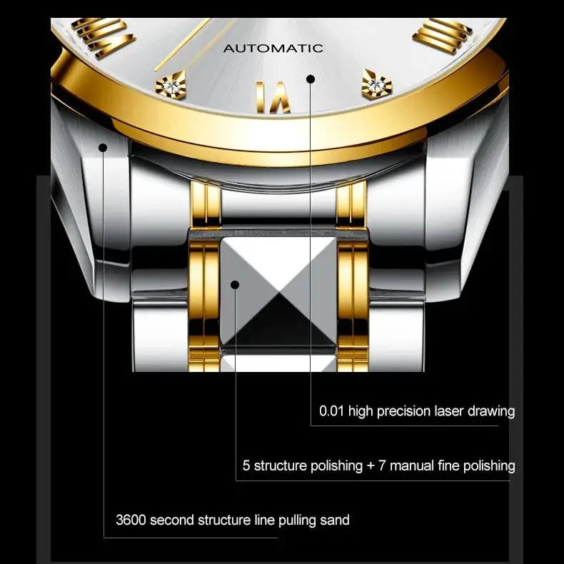 Luxury men's automatic watch with gold accents, precise laser detailing, and durable stainless steel strap.