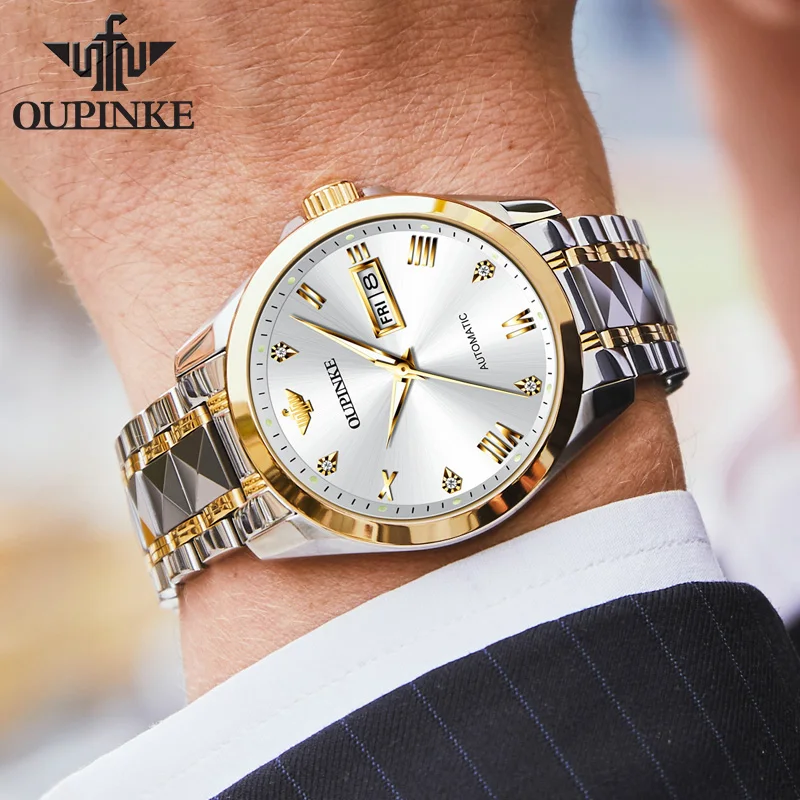 Elegant men's wristwatch featuring gold and silver tones, date, and automatic movement.