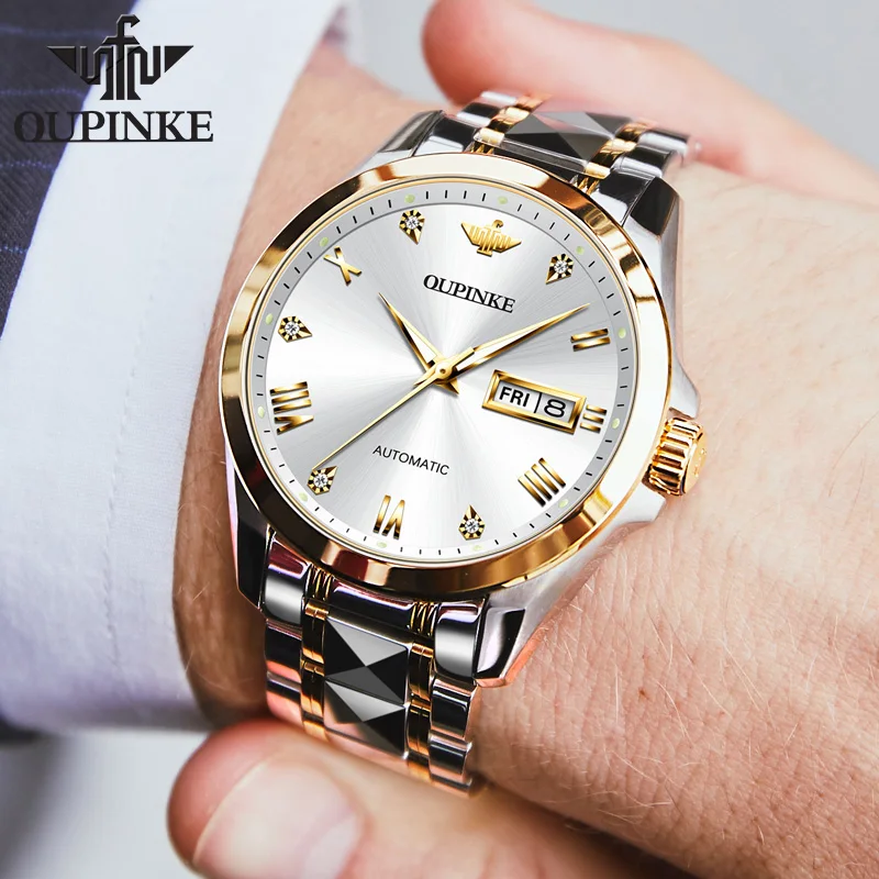 Gold and silver men's wristwatch with date display for stylish accessories.