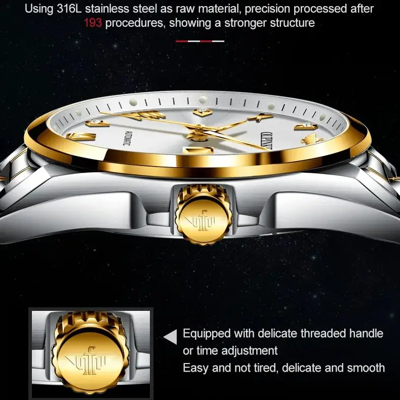 Luxurious two-tone gold and silver men's wristwatch with precise time adjustment feature.