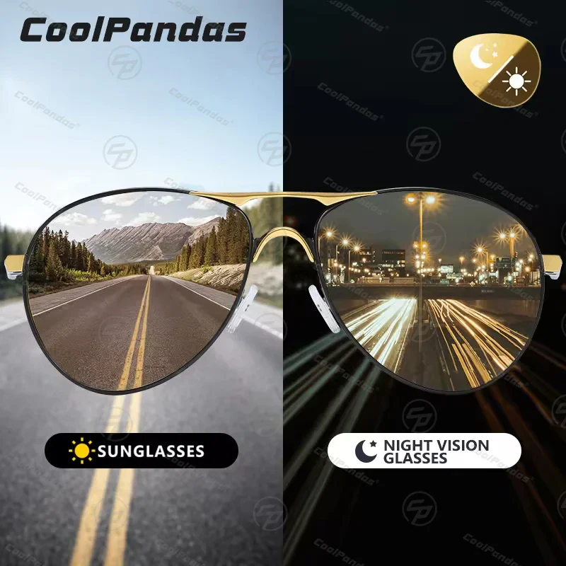 Stylish sunglasses with transition lenses for daytime and nighttime, offering UV protection and enhanced visual clarity.