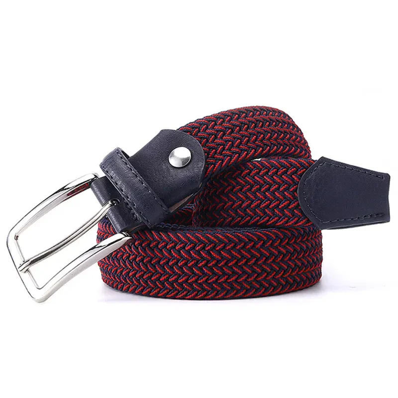 High-quality red and navy braided fabric belt with leather accents for men and women.