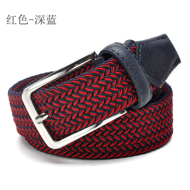 Stylish braided belt featuring red and navy colors with a sleek metal buckle for everyday wear.
