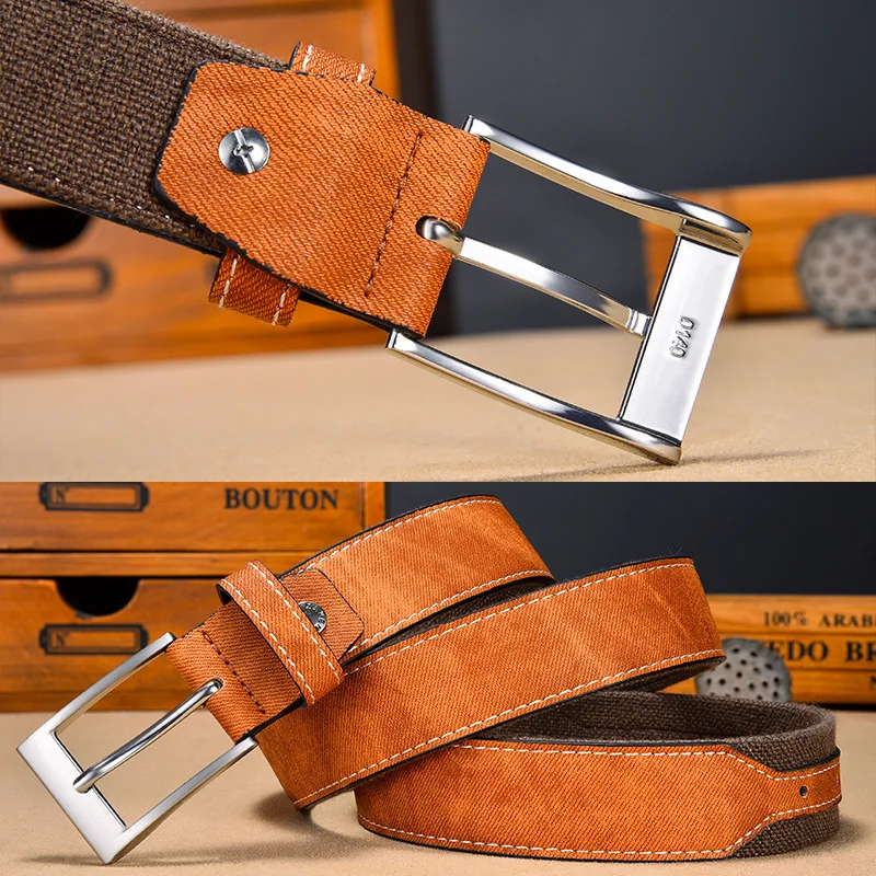 Comfortable brown and orange canvas belt with silver buckle for men and women.
