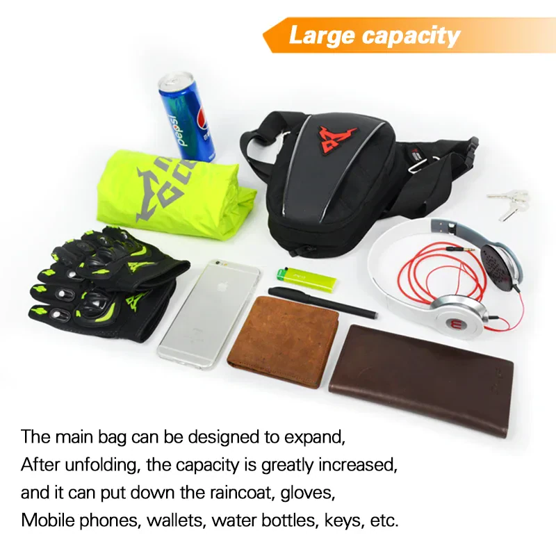 Versatile travel bag with ample space for raincoat, gloves, phone, wallet, and more.