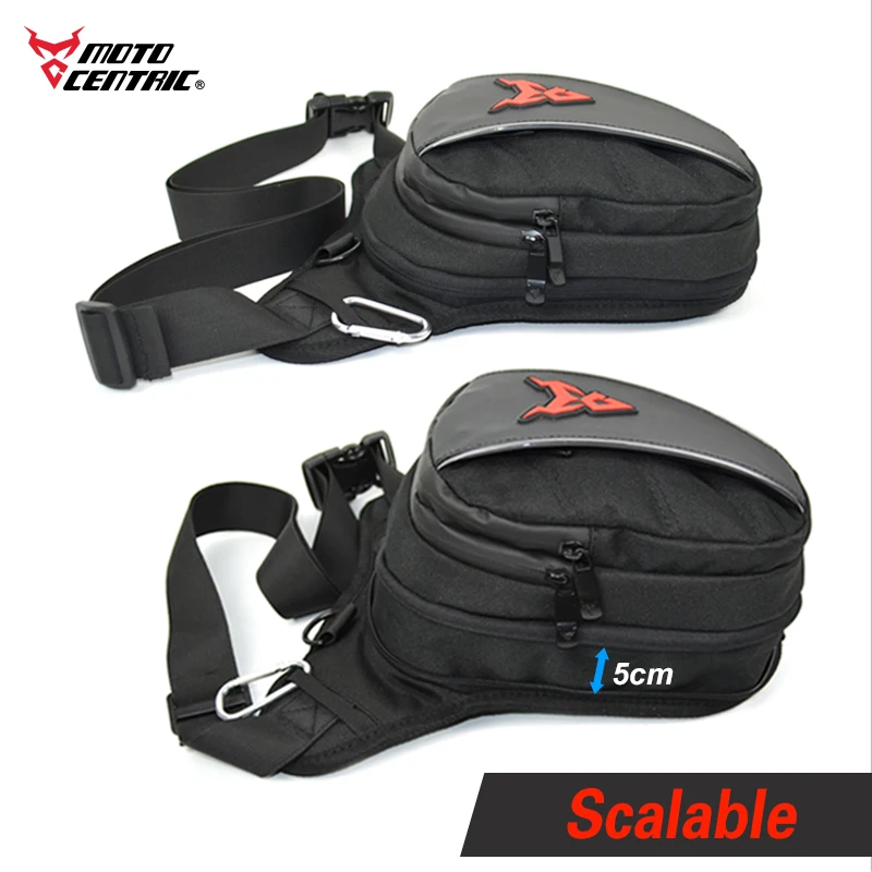 Durable black motorcycle waist bag with scalable size, featuring multiple compartments and quick-release buckle.