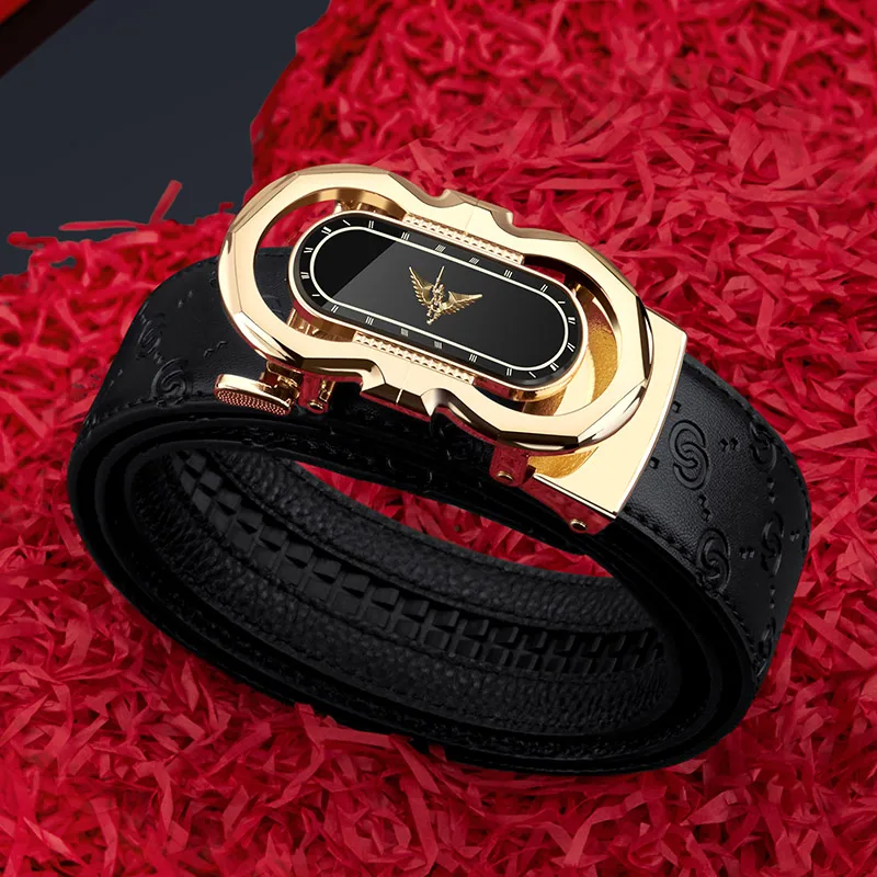 Elegant gold and black digital wristwatch for men and women with eagle logo.