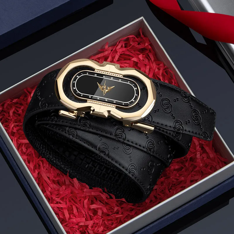 Elegant black and gold wristwatch in gift box with red filling.