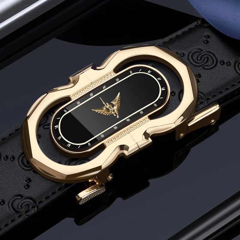 Luxurious gold-tone men's smart wristwatch with black leather strap and detailed design.