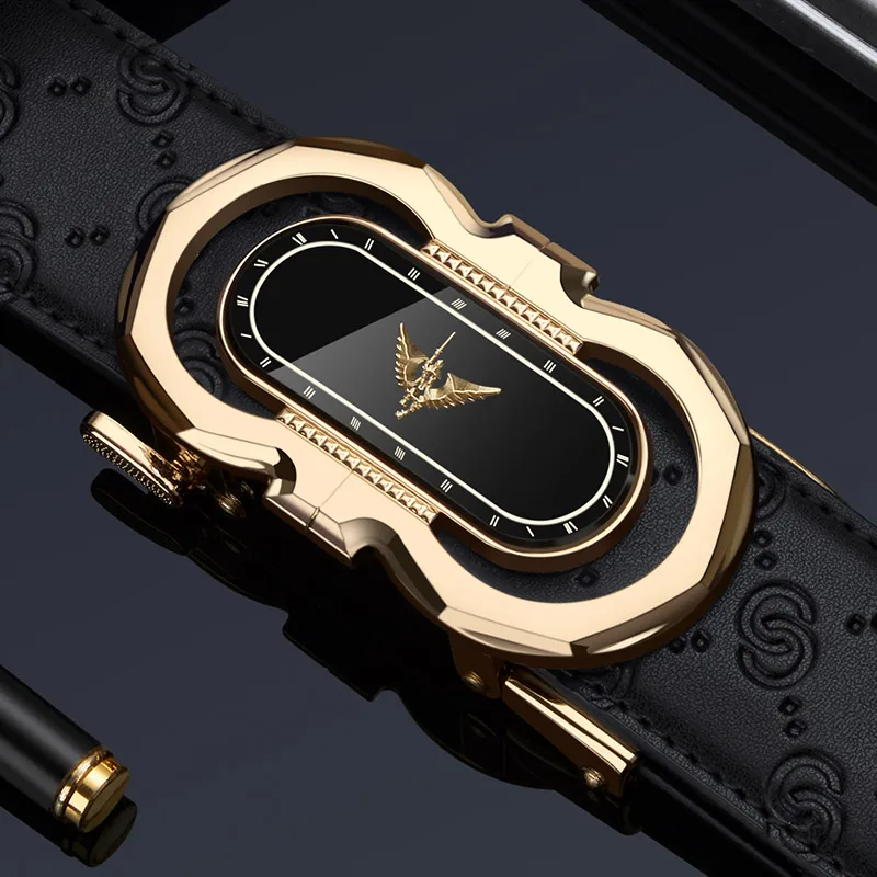 Elegant gold-tone luxury watch with a sleek black leather strap and intricate eagle detail on the dial.