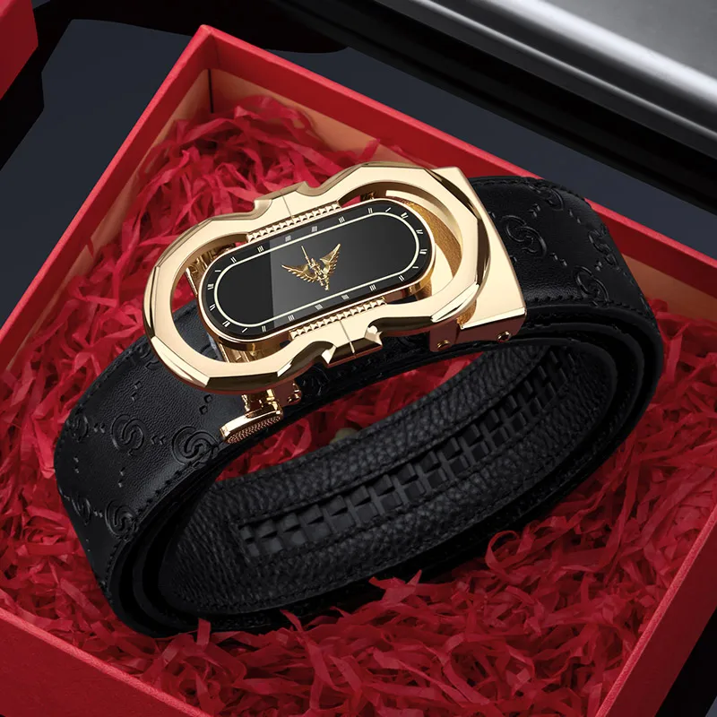 Elegant gold-tone smart watch with black leather strap in red gift box.