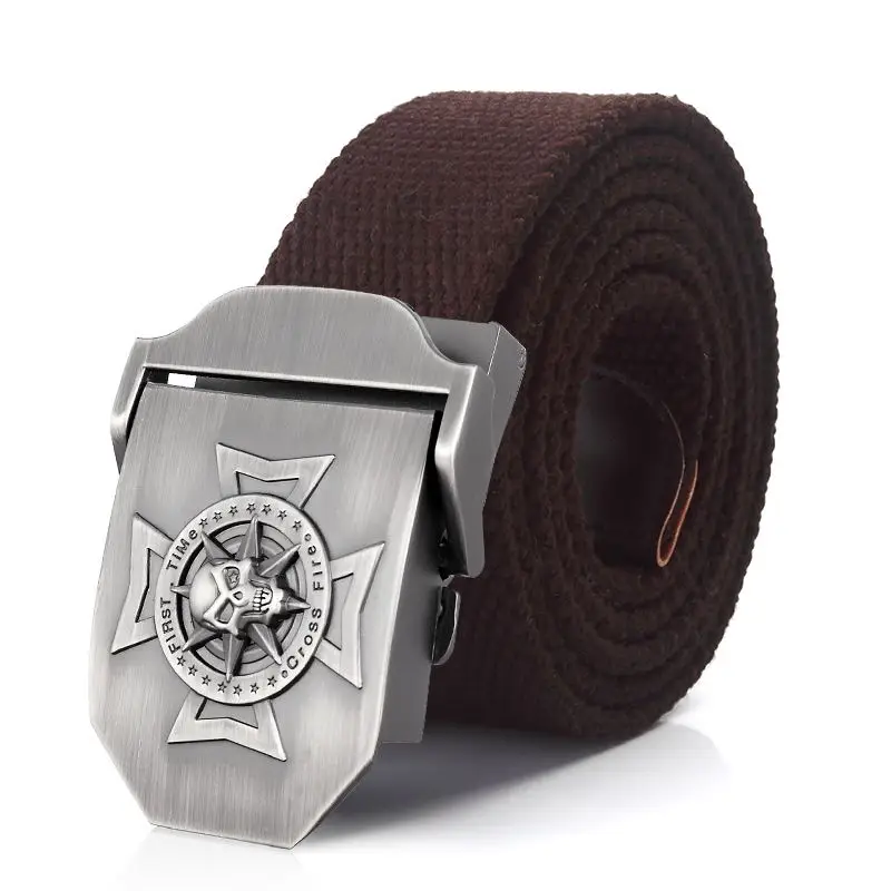 Leather belt with skull and crossbones logo.