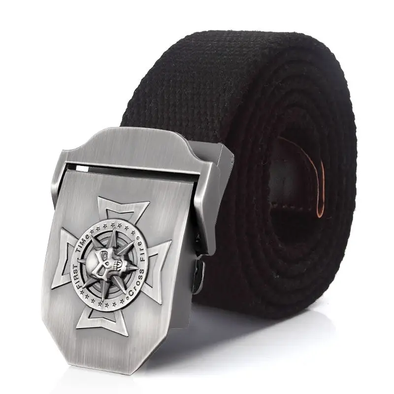 High-quality stainless steel skull belt buckle with military-inspired design. Perfect for rugged fashion statements.