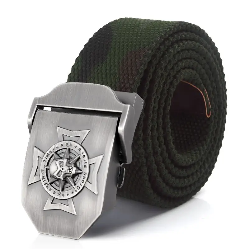 Durable tactical belt with skull emblem buckle, ideal for rugged fashion.
