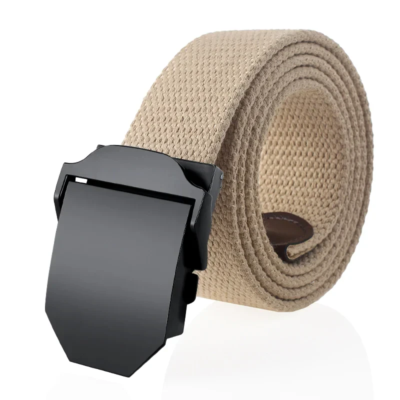Adjustable beige canvas belt with black metal buckle for stylish, everyday wear.