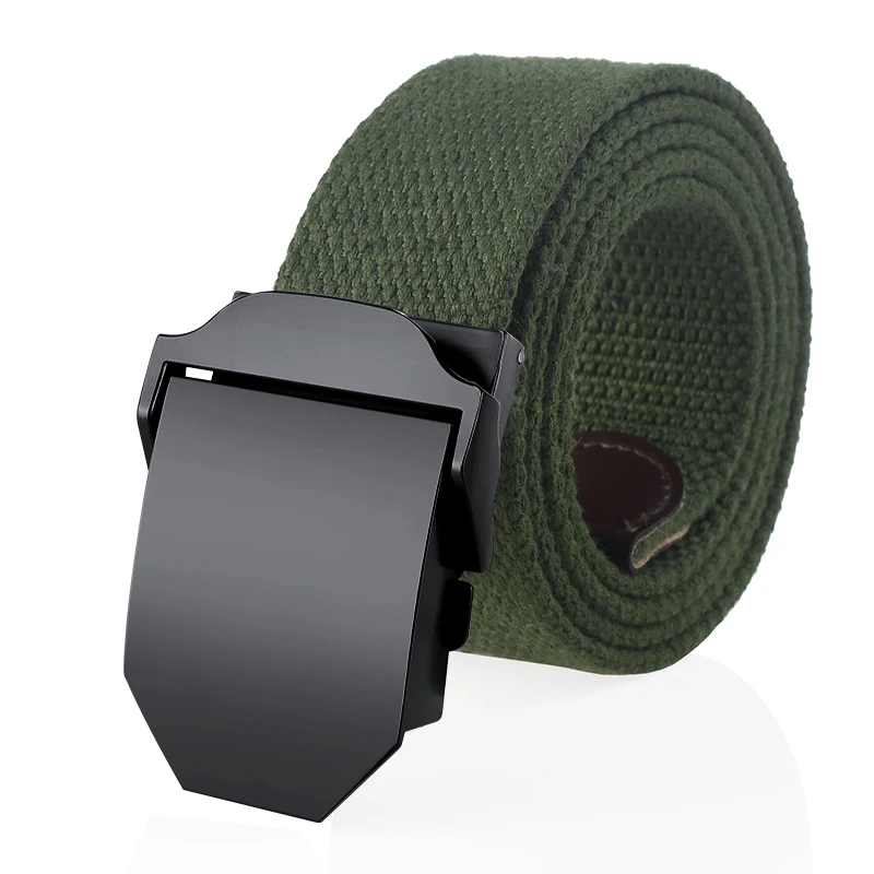Durable green fabric belt with sleek black metal buckle, perfect for casual or outdoor wear.