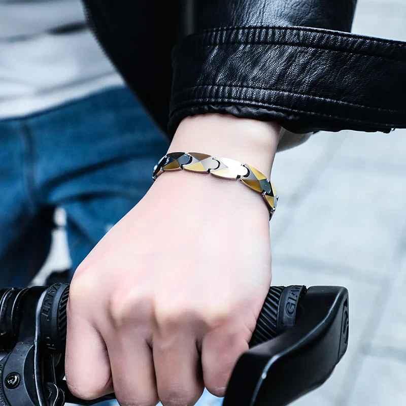 Stylish men's biker bracelet with polished metallic links, perfect accessory for casual and edgy outfits.