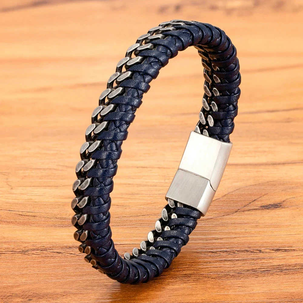 Stylish men's leather leather bracelet with stainless steel accents. Perfect for casual and formal wear.