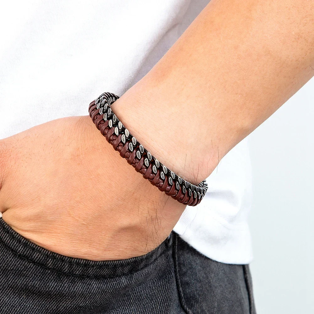 Leather bracelet with metal accents, men's jewelry, stylish accessory for everyday wear.