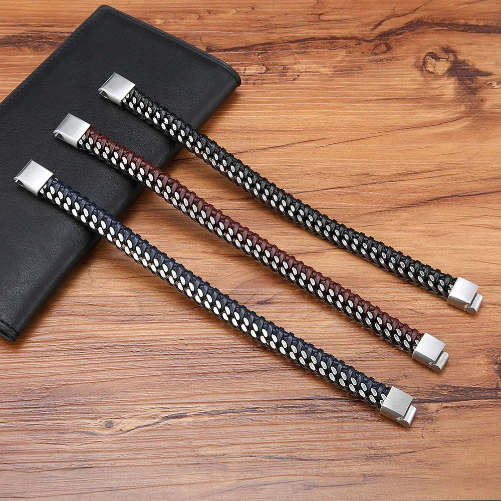 Stylish leather bracelets with silver detailing, perfect for men's jewelry collections.