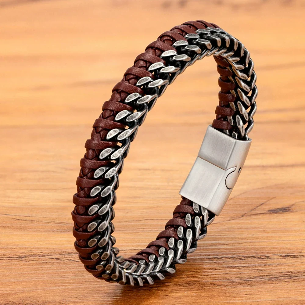 Stainless steel and leather braided bracelet, unisex accessory for stylish men and women.
