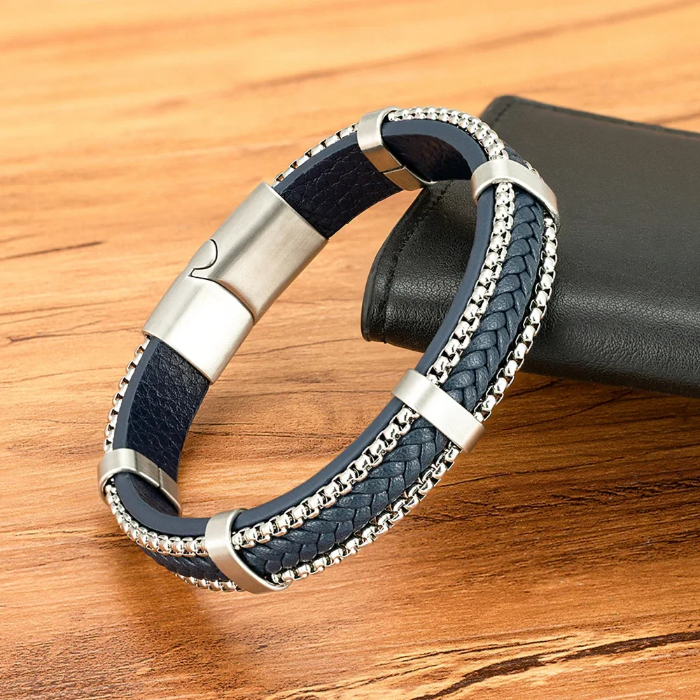 Stylish men's leather and silver chain bracelet for everyday wear. Durable design with modern accents.