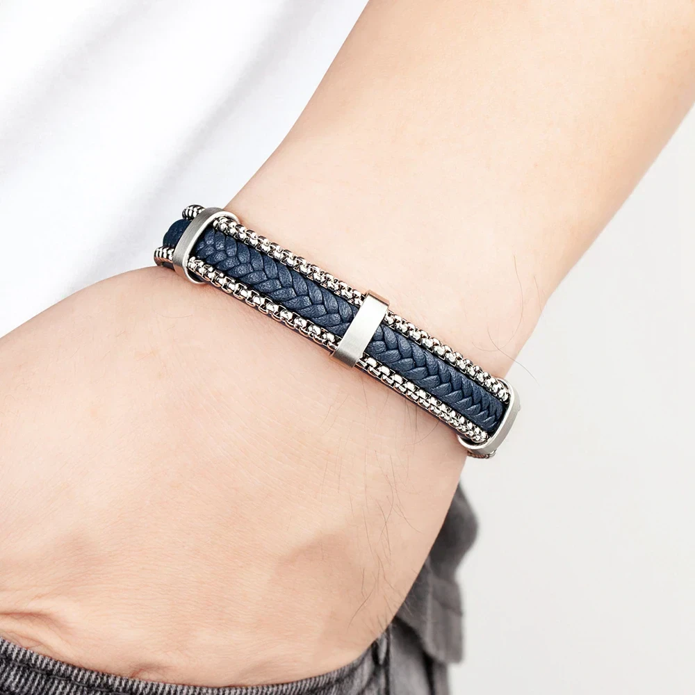 Elegant navy blue leather bracelet with silver accents, perfect for men and women.