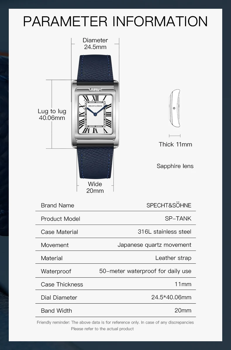 Elegant blue leather strap wristwatch with stainless steel case and Japanese quartz movement for men and women.