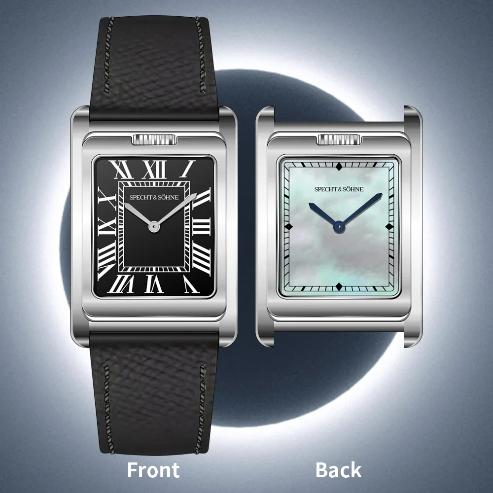 High-quality rectangular watches with leather strap and mother-of-pearl dial.
