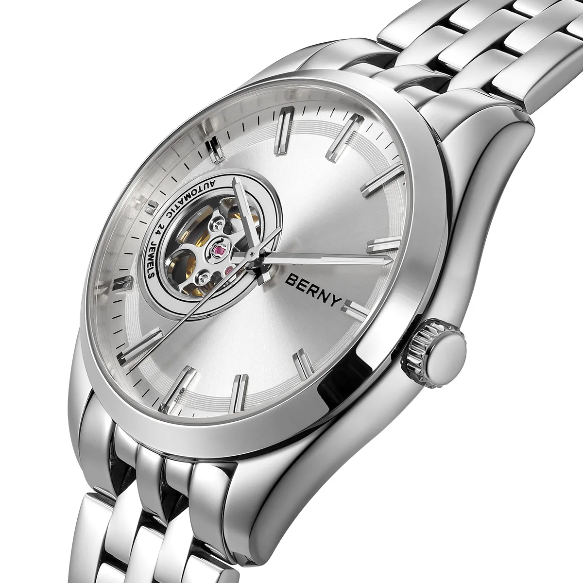 Luxury men's silver wristwatch with open-heart movement and stainless steel bracelet.