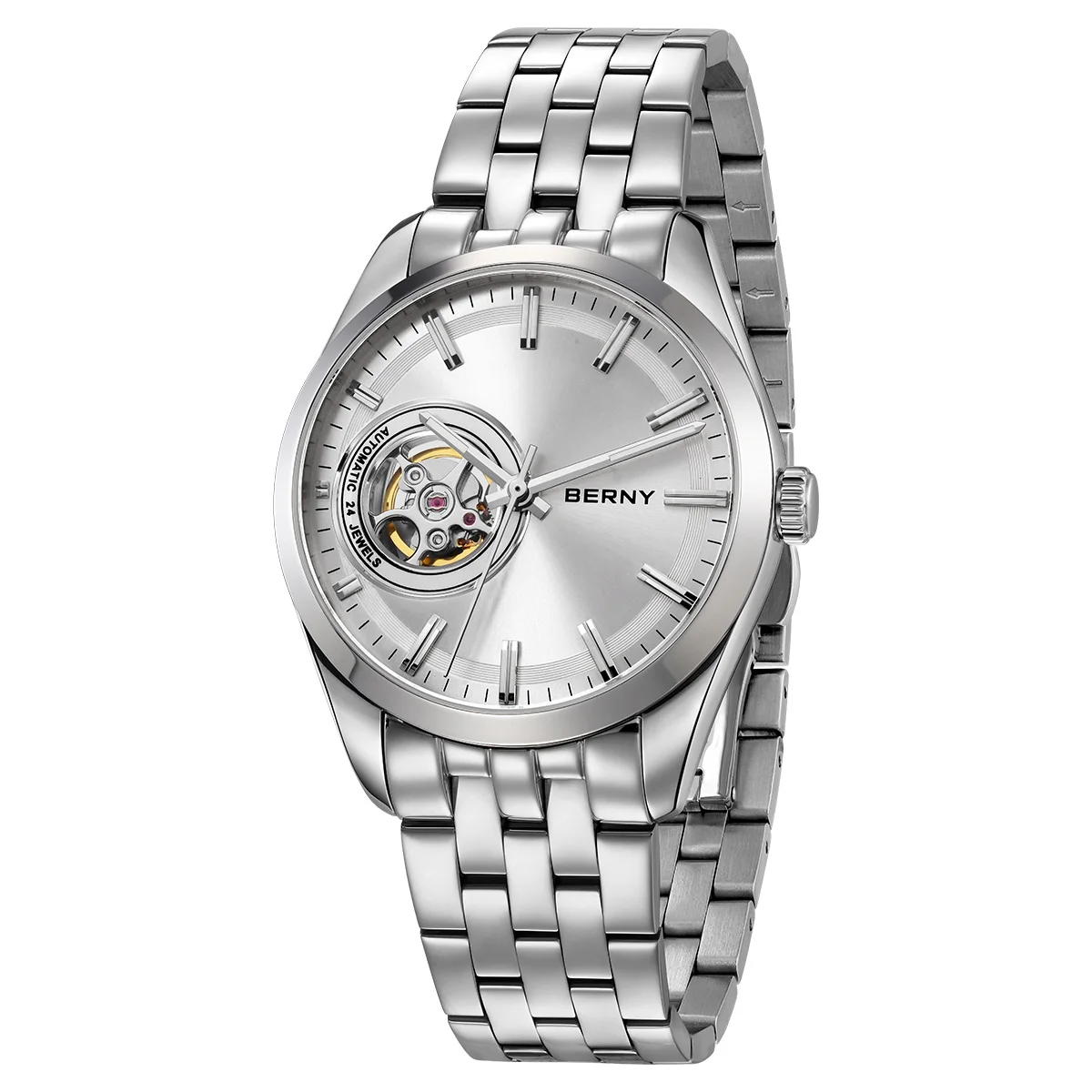 Elegant men's silver watch with open-heart design and automatic movement. Perfect accessory for sophisticated style.