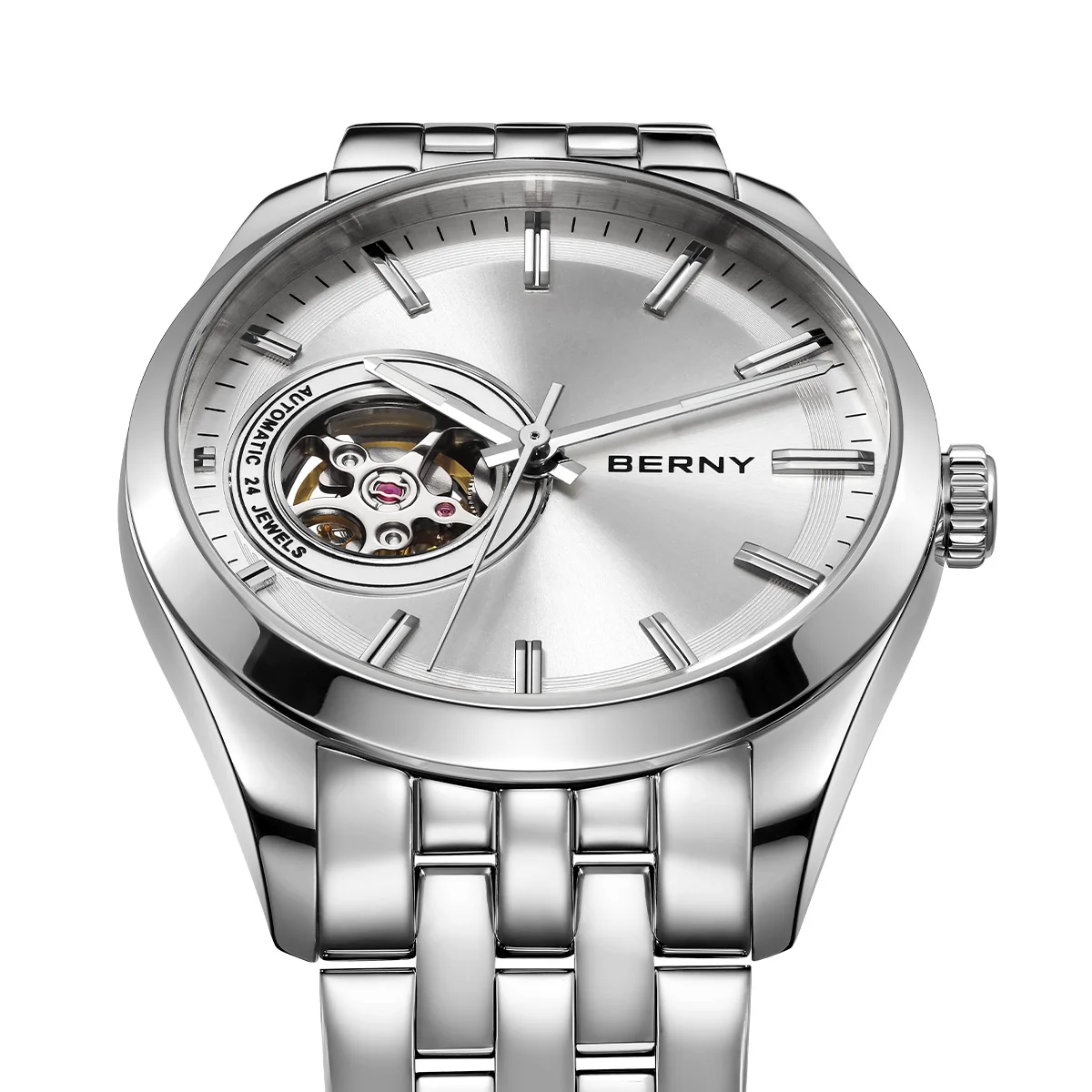 Luxury men's silver watch with automatic movement and skeleton design.