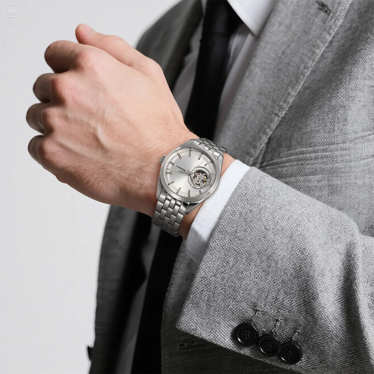 Stainless steel men's watch with skeleton dial, automatic movement, perfect for formal occasions and stylish outfits.