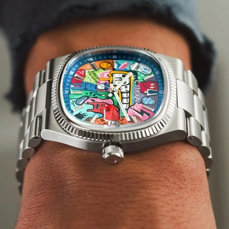 Vivid, colorful graphic artist-inspired watch with bold design, stainless steel band, and unique dial.