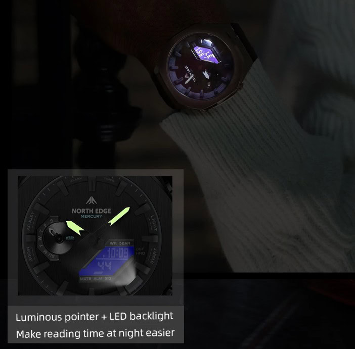 High-tech digital smartwatch with LED backlight and luminous pointer for easy nighttime reading.