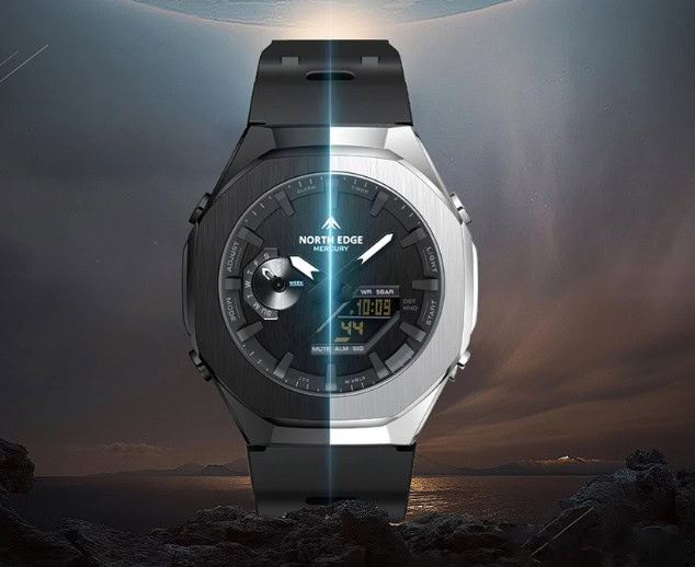 Stylish black and silver men's wristwatch with digital and analog features. Perfect for modern, active lifestyles.