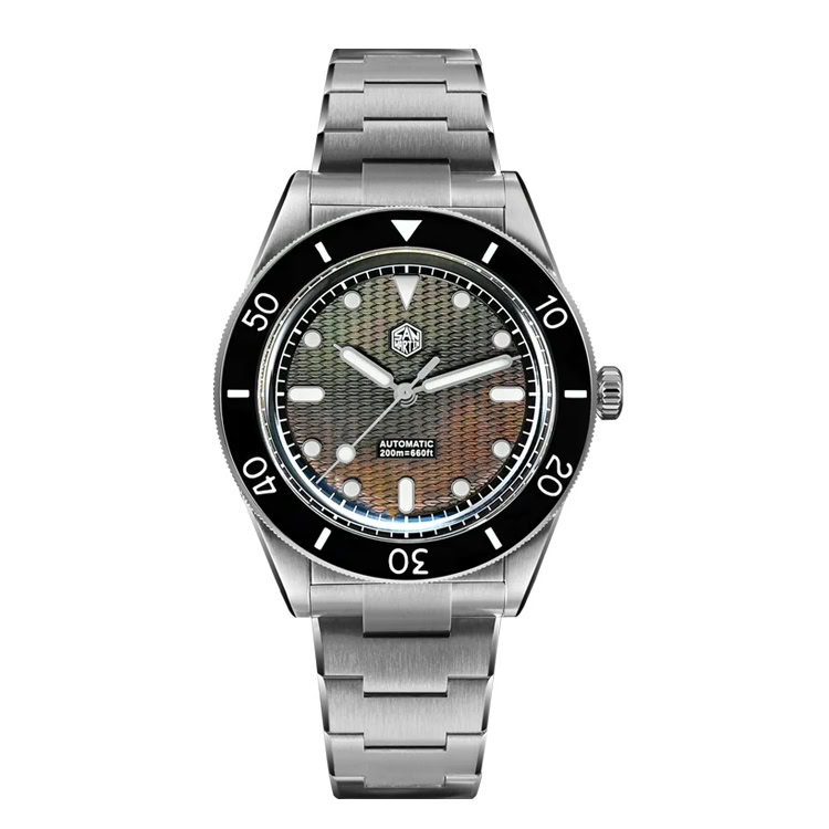 Stainless steel dive watch with black bezel and textured dial, waterproof 200m, automatic movement.
