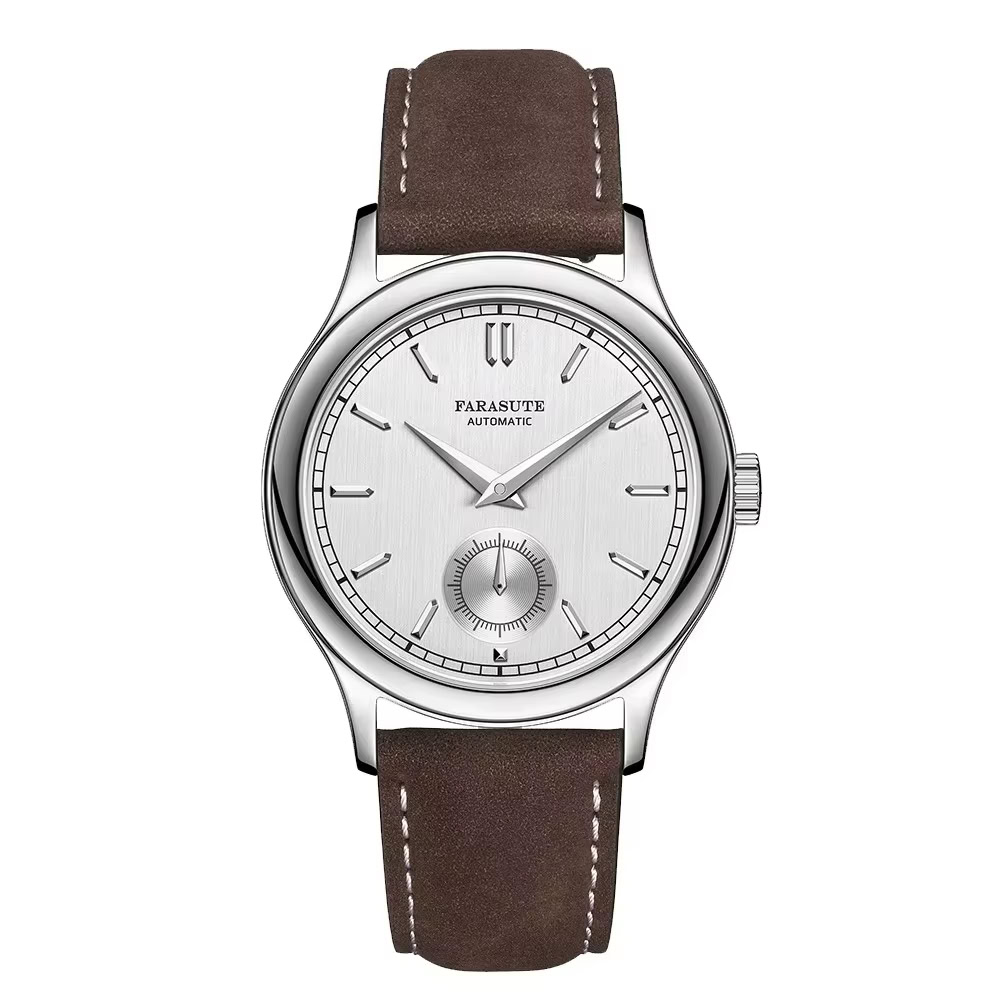 Men's luxury wristwatch with brown leather strap and classic silver dial, perfect for formal and casual wear.