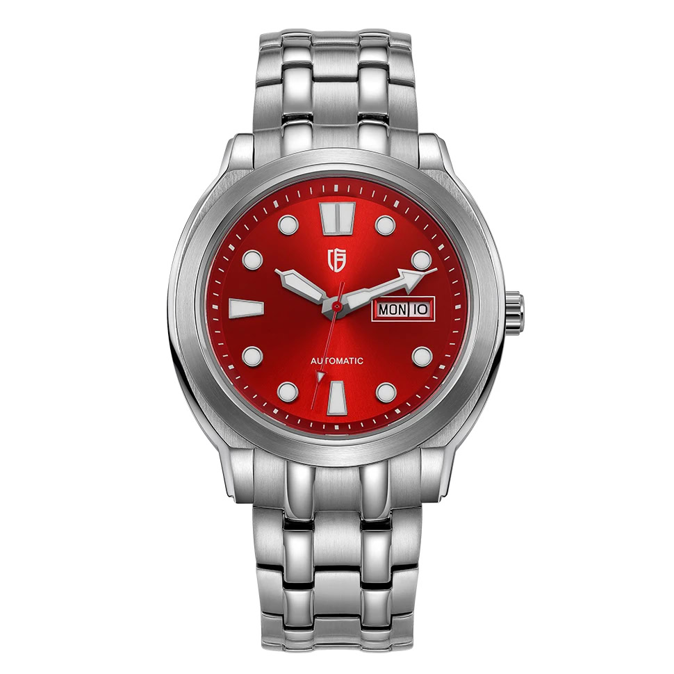 Men's stylish red dial wristwatch with stainless steel band, date display, and automatic movement.