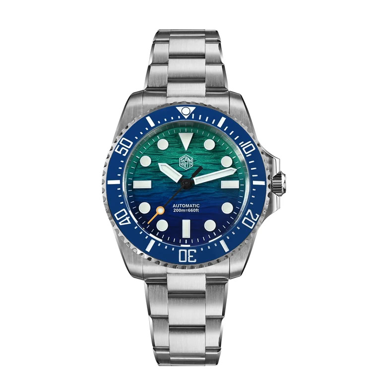 Stainless steel dive watch with blue gradient dial, rotating bezel, and automatic movement.