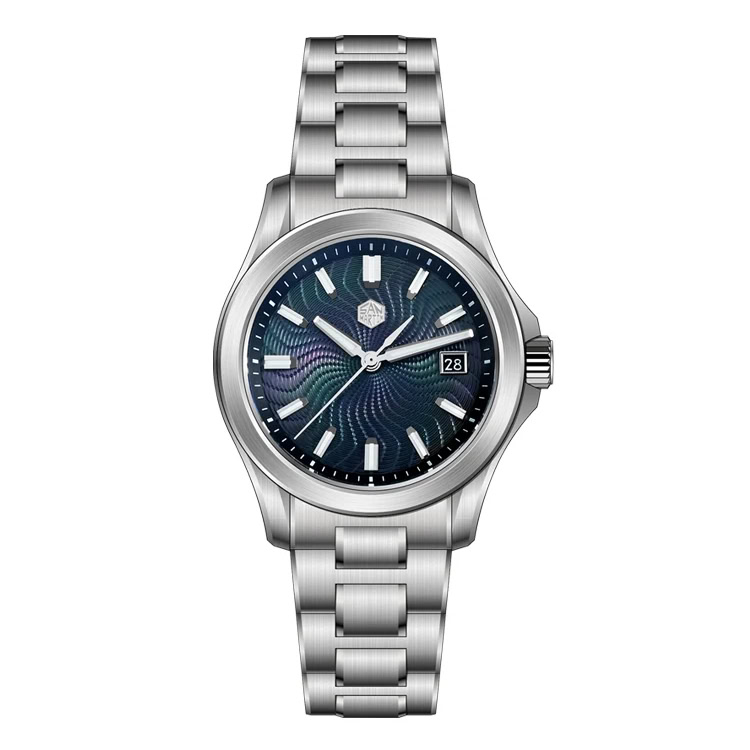 Luxury men's silver watch with blue face, stainless steel band, and date window.