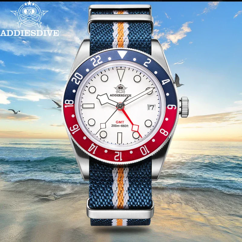 Stylish GMT watch with blue and red rotating bezel, fabric strap, and water resistance up to 200m. Perfect for diving and adventure.