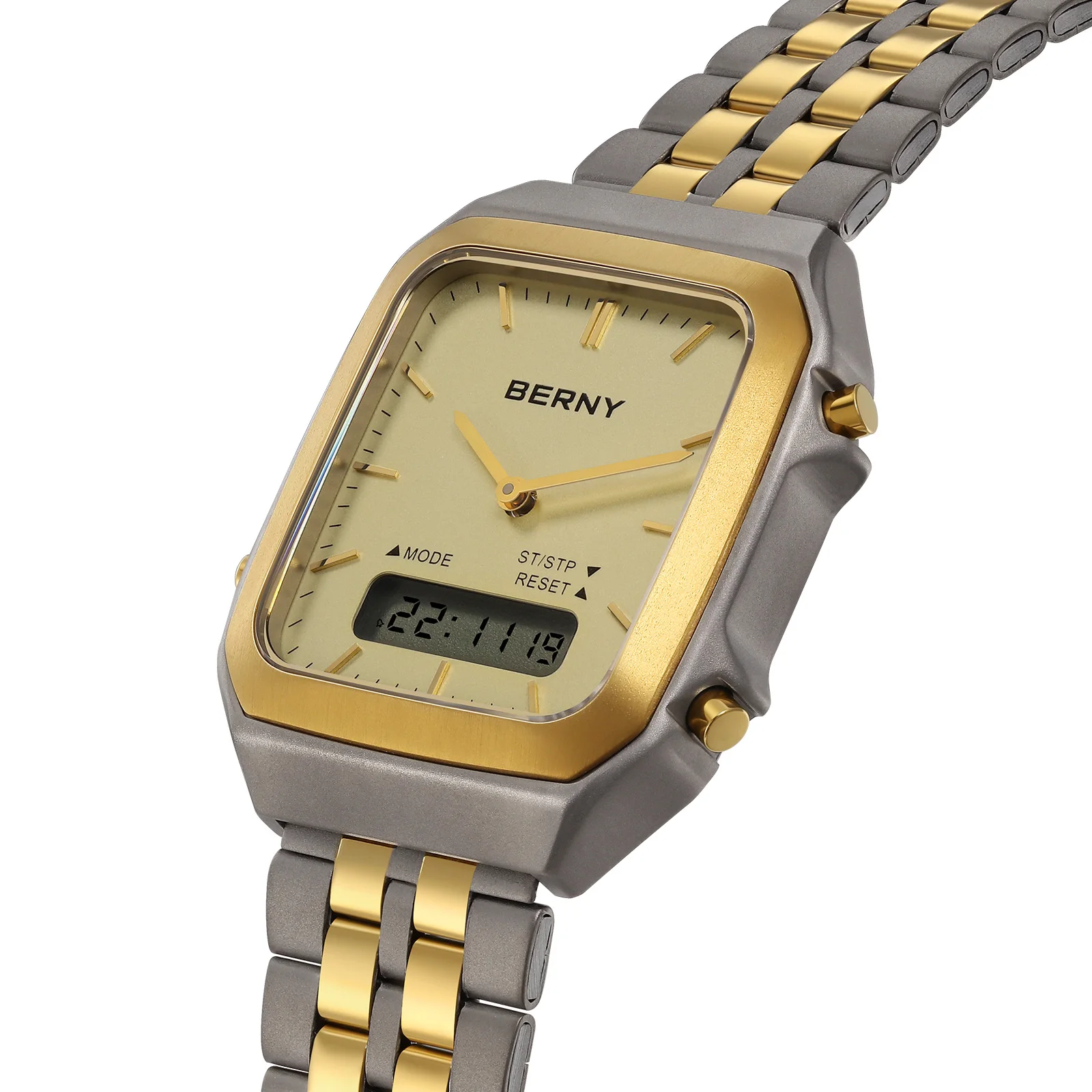 Stylish men's digital and analog watch featuring gold and silver metal band with a sleek rectangular face.